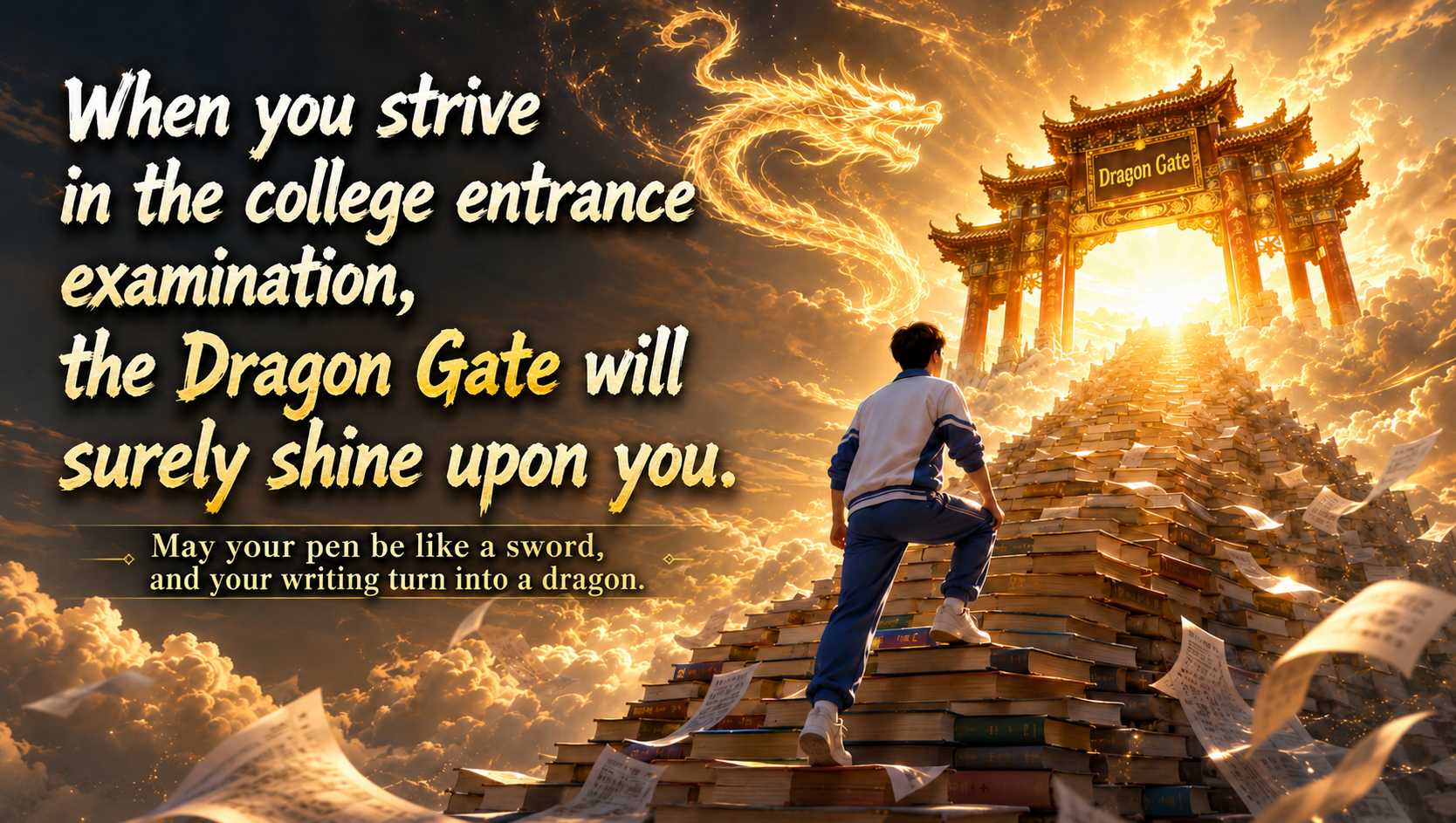 The college entrance examination is approaching, and the mountain of books you have climbed will eventually illuminate the dragon gate.